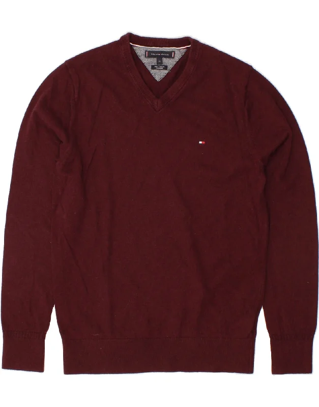 TOMMY HILFIGER Mens V-Neck Jumper Sweater Medium Maroon Cotton Open Front Closed Front Wrap Front