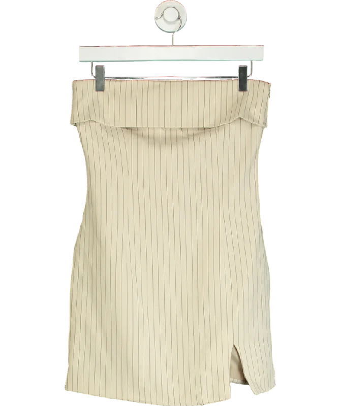 extro&vert Beige Pinstripe Fold Over Bandeau Mini Dress UK 6 Stylish Puff Sleeve Mini Dress