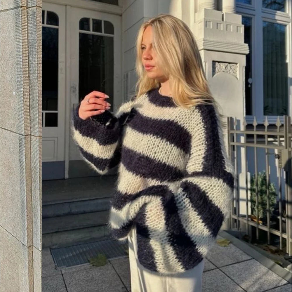 Wjczt Mohair Stripe Knit O-neck Women's Pullovers Lantern Sleeve Oversized Loose Sweater 2024 Autumn Casual Office outerwears Real Fur Shearling Chenille