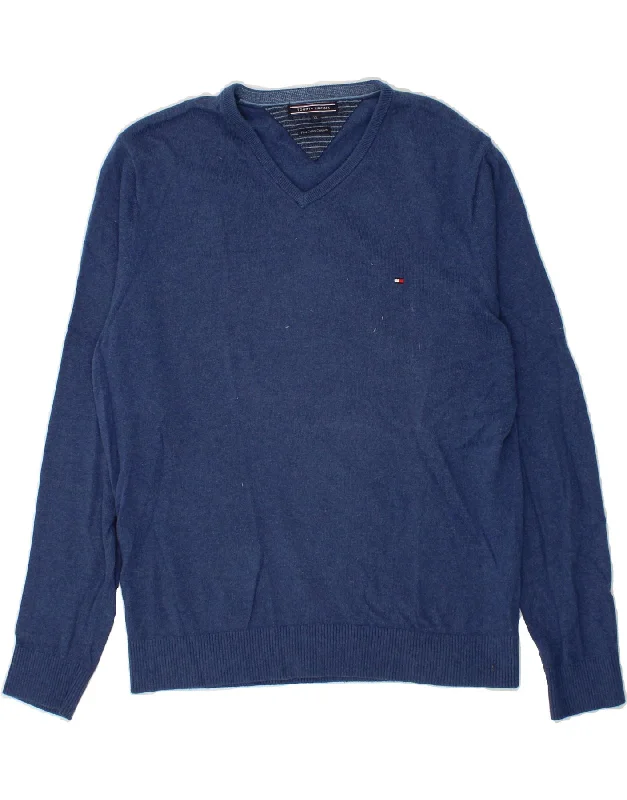 TOMMY HILFIGER Mens V-Neck Jumper Sweater XL Navy Blue Cotton Chenille Fabric Brocade Fabric Lace Fabric