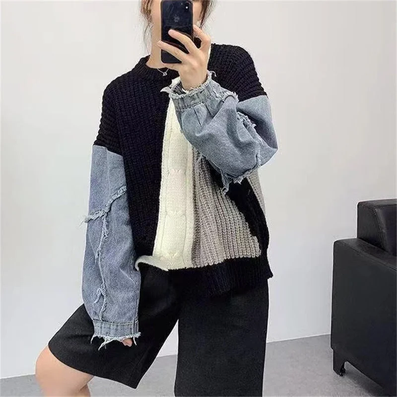 Wjczt 2024 fall fashion trends Denim Stitching Twist New Sweater Women's Spring and Autumn Pullover Top Slimming Temperament Loose Sweater Women's Clothing Tailored Straight A-Line