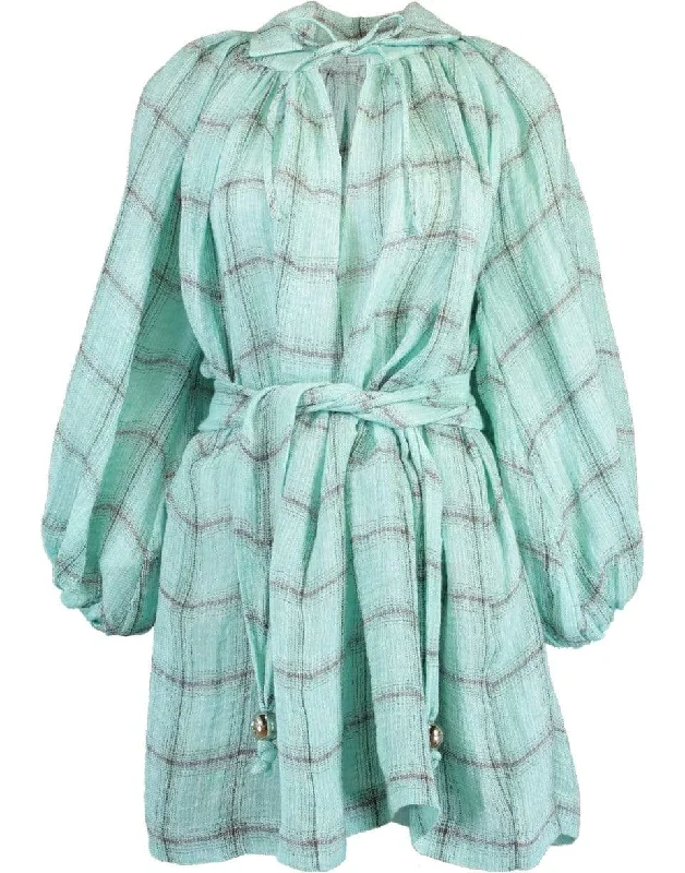 Poet Seafoam Windowpane Gauze Mini Dress Stylish Puff Sleeve Mini Dress