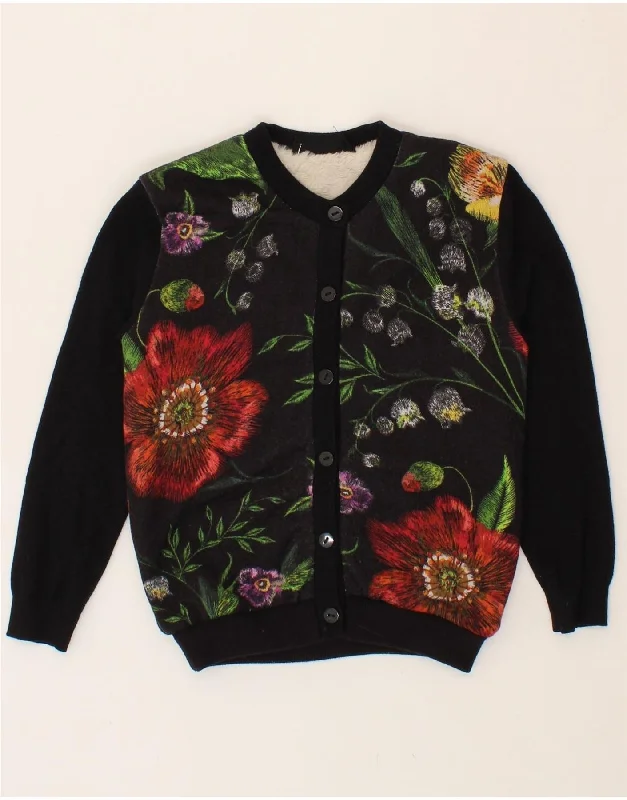 DESIGUAL Girls Cardigan Sweater 7-8 Years Black Floral Casual Formal Business