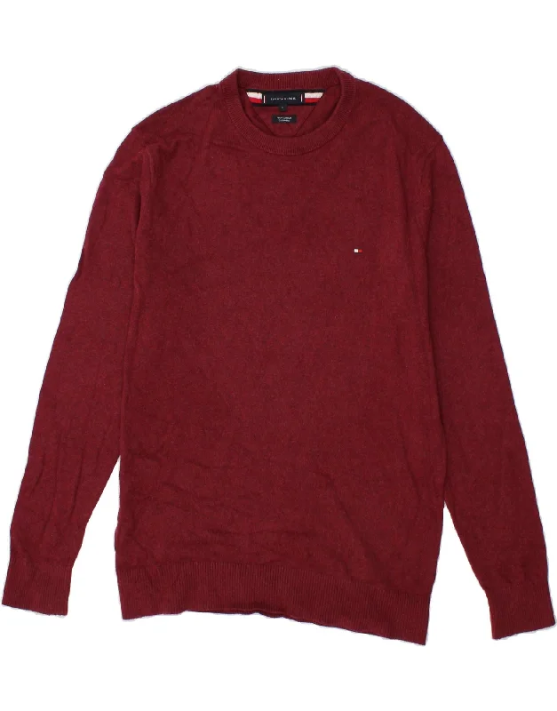 TOMMY HILFIGER Mens Crew Neck Jumper Sweater Large Burgundy Cotton Transparent Opaque Sheer