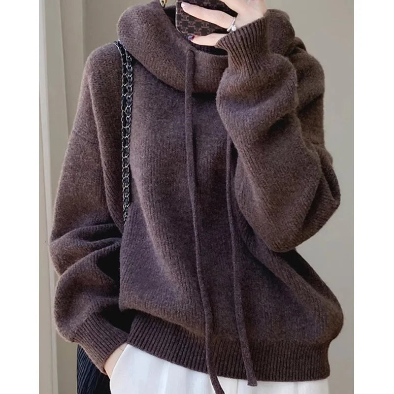 Wjczt Autumn Winter Fashion Solid Soft Wool Hooded Pullovers Women Vintage Commute Loose Thick Sweaters Comfortable Warm Knit Tops Boxy Sweater Fitted Sweater A-Line