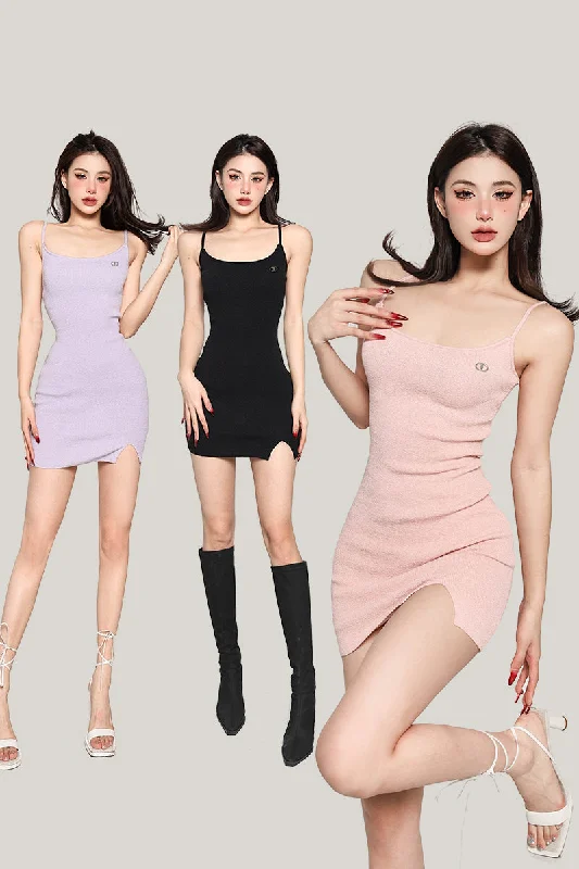 Cordilia Solid Color Spaghetti Straps Sleeveless Slim Side Slit Mini Dress Elegant Silk Mini Dress