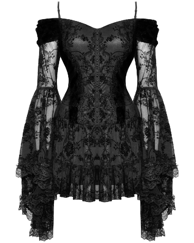 Dark In Love Romantic Gothic Velvet & Flocked Lace Flare-Sleeve Mini Dress Comfortable Ruffle Mini Dress