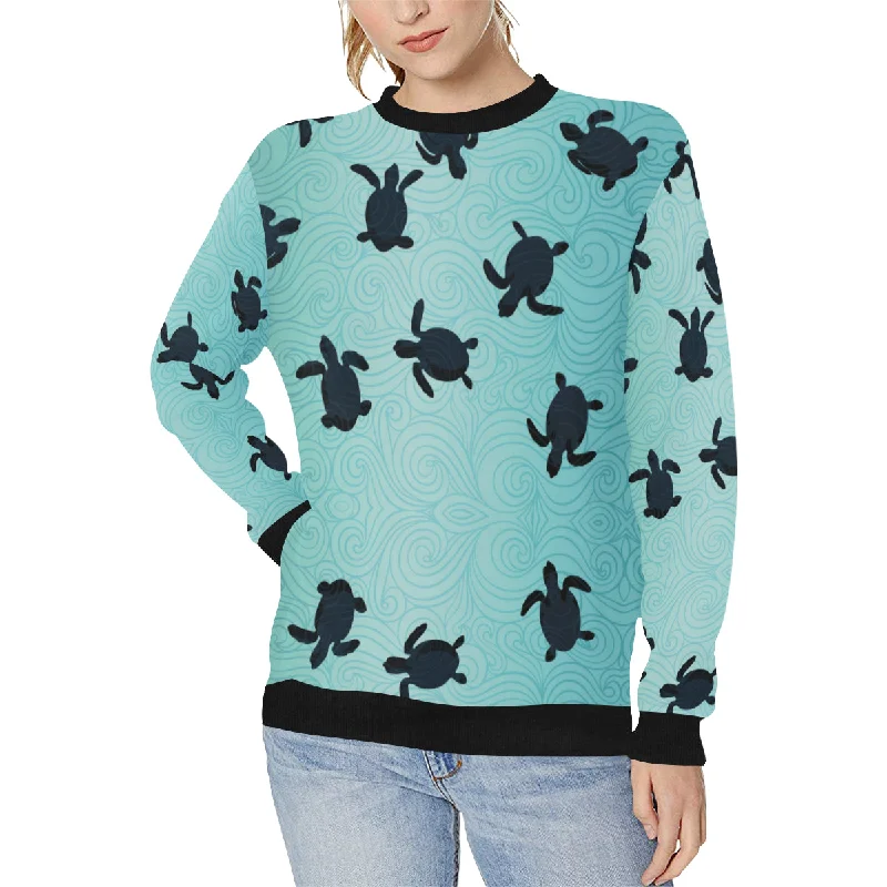 Sea turtle with blue ocean backgroud Women's Crew Neck Sweatshirt Hoodie with Cuffed Sleeves Snug Secure