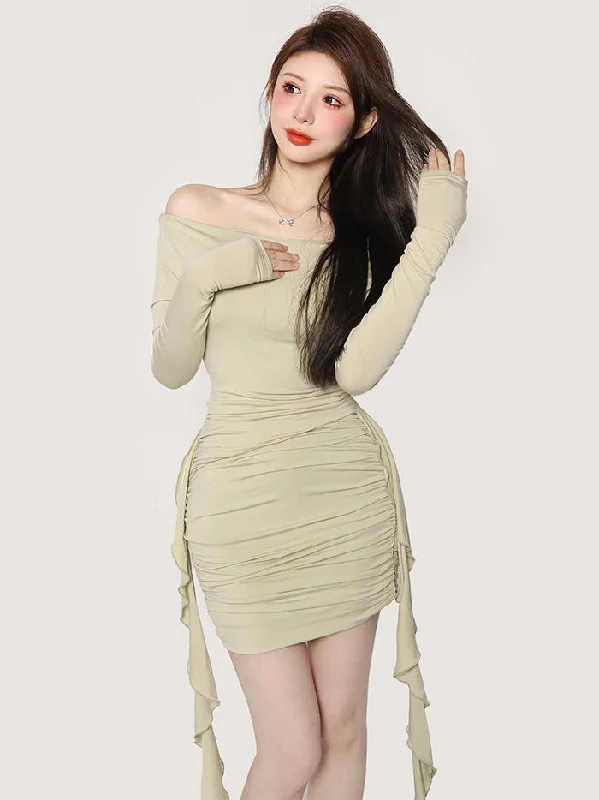 Celia Solid Color Ruched Tassels Slim Off the Shoulder Mini Dress Cozy Long Sleeve Mini Dress