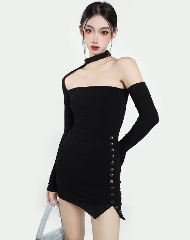 Fernanda Solid Color Black Halter Off The Shoulder Long Sleeve Slim Side Button Up Mini Dress Fashionable Party Mini Dress