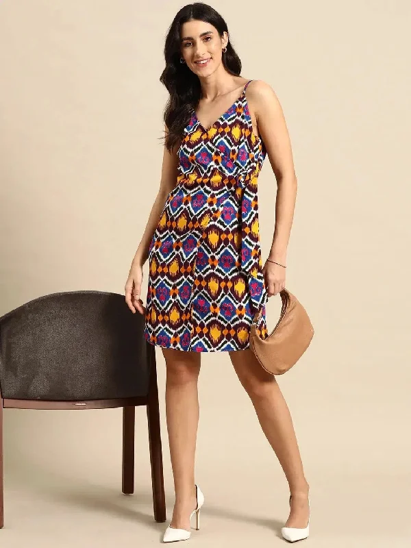 Overlap Mini Dress with side tie up in Multi color Ikkat Print Elegant Silk Mini Dress