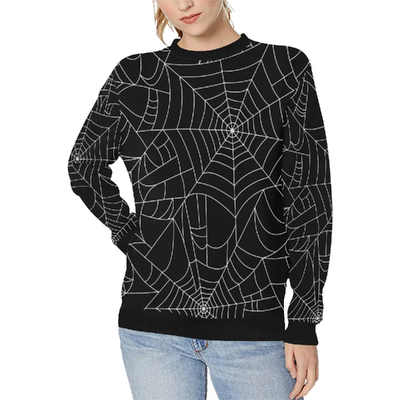 Spider web pattern Black background white cobweb Women's Crew Neck Sweatshirt Hoodie with Exposed Zipper Edgy Industrial