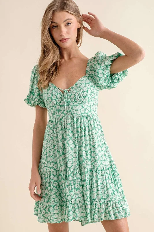 GREEN V-NECK PUFF SHORT SLEEVES RUFFLED MINI DRESS IBD9474 Stylish Short-Sleeve Mini Dress