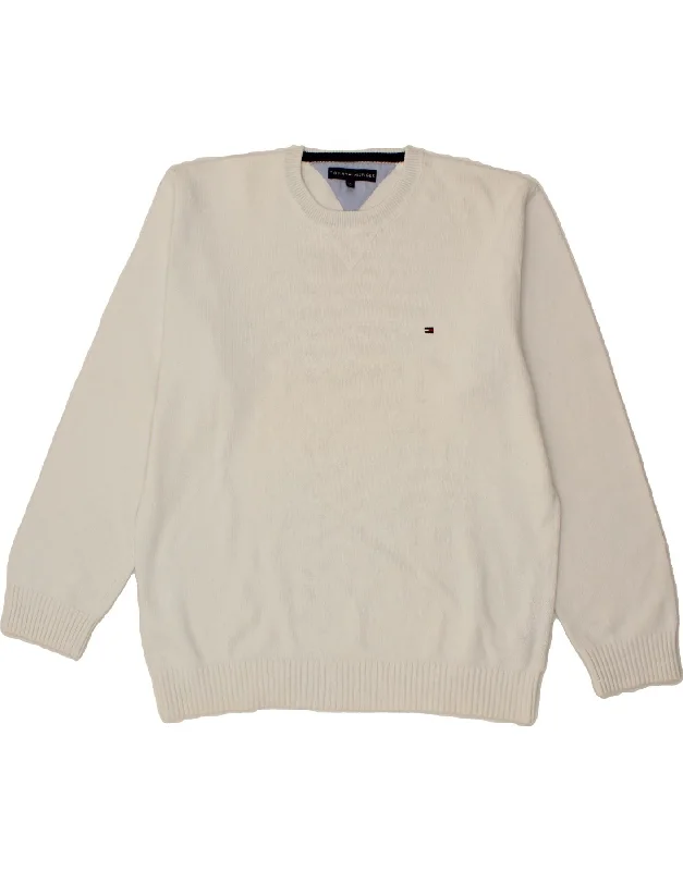 TOMMY HILFIGER Mens Crew Neck Jumper Sweater 2XL White Cotton Elegant Classic Vintage