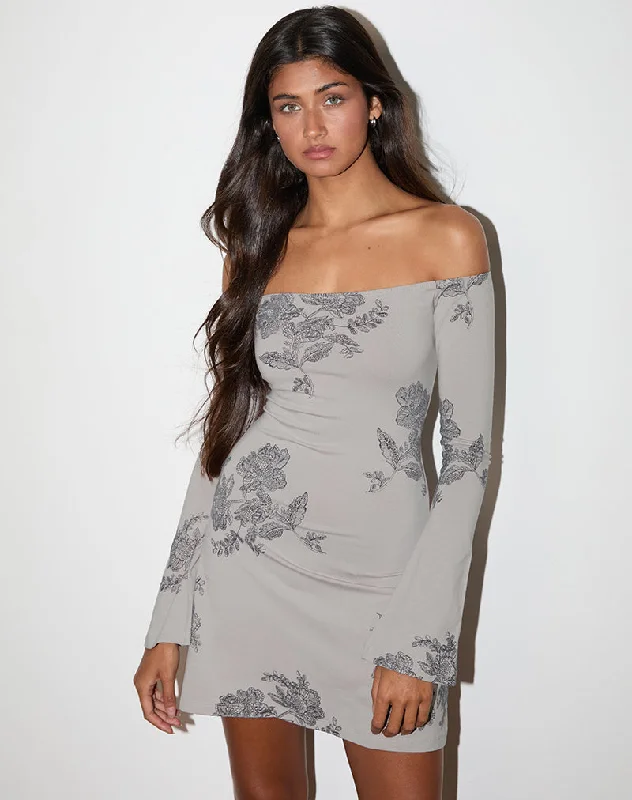 Kausar Off Shoulder Mini Dress in Lace Flower Grey Chic Puff Sleeve Mini Dress