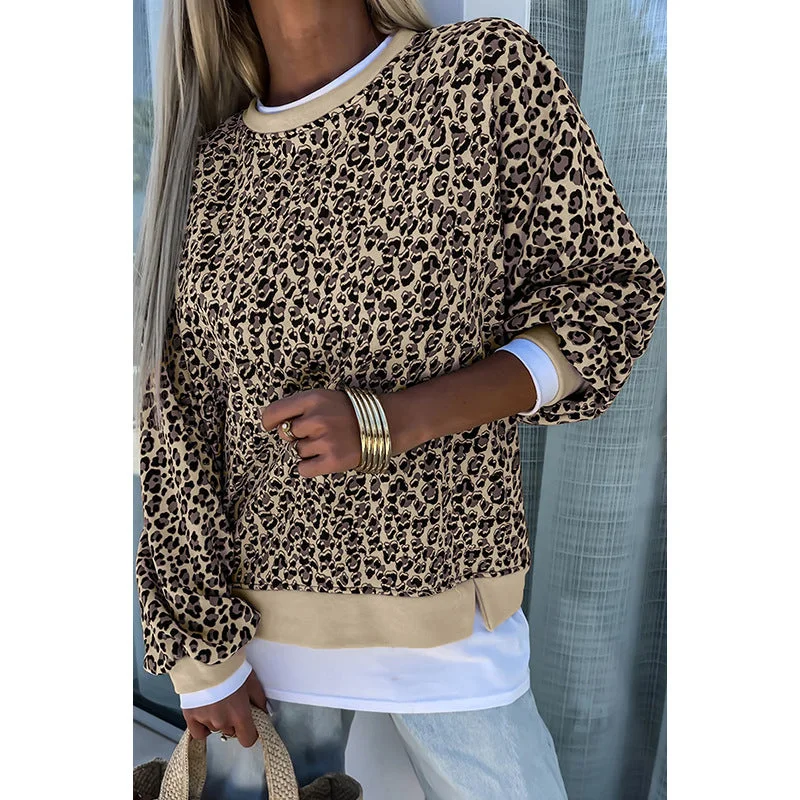 Wjczt frat outfits Personalized Leopard Print round Neck Sweater for Women 2024 Winter New Contrast Color Stitching Long Sleeve Pullover for Women Lightweight Heavyweight Midweight