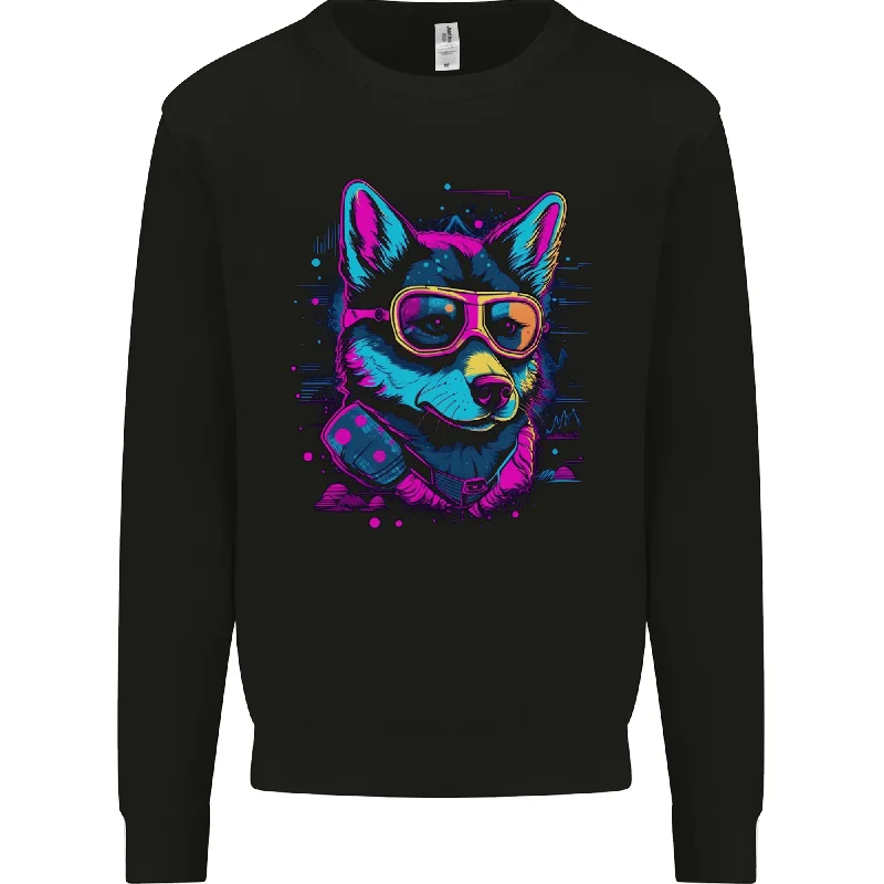 A Retrowave Husky Dog Mens Sweatshirt Jumper Hoodie with Pastel Soft Subtle