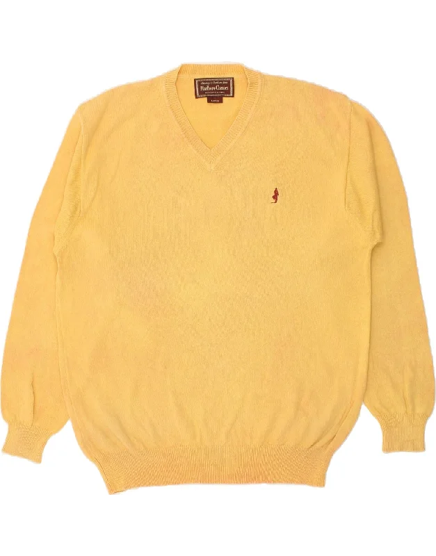 MARLBORO CLASSICS Mens V-Neck Jumper Sweater Large Yellow Cotton Oversized Loose Flowy