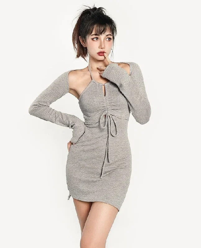 Emilia Solid Color Halter Long Sleeve Mini Dress Stylish Puff Sleeve Mini Dress