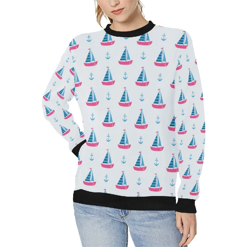 Sailboat anchor pattern Women's Crew Neck Sweatshirt Hoodie with Hem Elastic Stretchable Comfortable