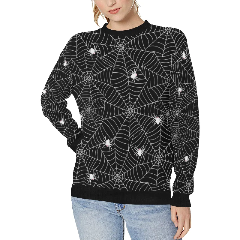 Spider web design pattern Black background white c Women's Crew Neck Sweatshirt Hoodie with Metallic Shiny Futuristic