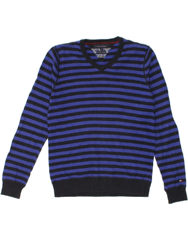 TOMMY HILFIGER Mens V-Neck Jumper Sweater Small Navy Blue Striped Cotton Notch Collar Peter Pan Collar Cowl Neck