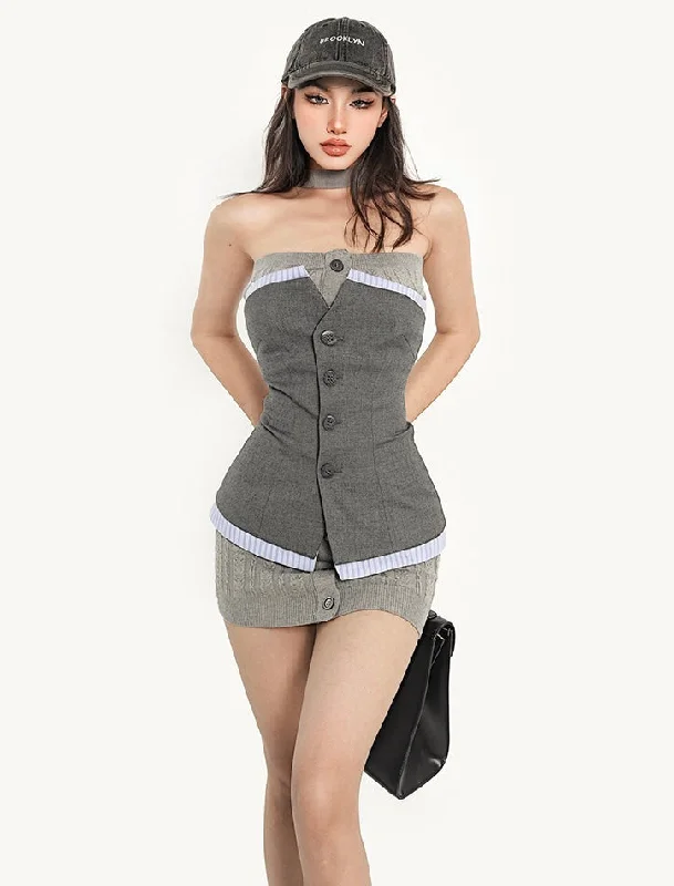 Tiara Solid Color Grey Gridle Knitted Mini Dress Comfortable Smocked Mini Dress