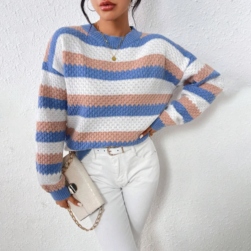 Wjczt sweater Autumn and Winter round Neck Long Sleeve Knitted Top Women's Sweater Classic Contrast Color Striped Loose Casual Sweater Elegant Classic Vintage