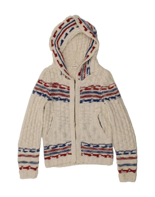 DIESEL Girls Hooded Cardigan Sweater 14-15 Years Large White Striped Denim Fabric Leather Fabric Suede Fabric