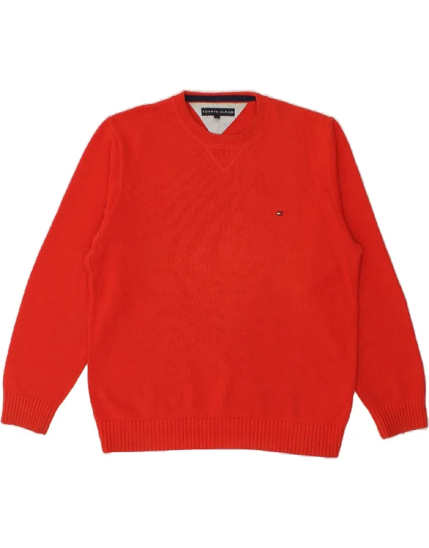 TOMMY HILFIGER Mens Crew Neck Jumper Sweater Large Red Cotton Boat Neck Shawl Collar Notched Collar