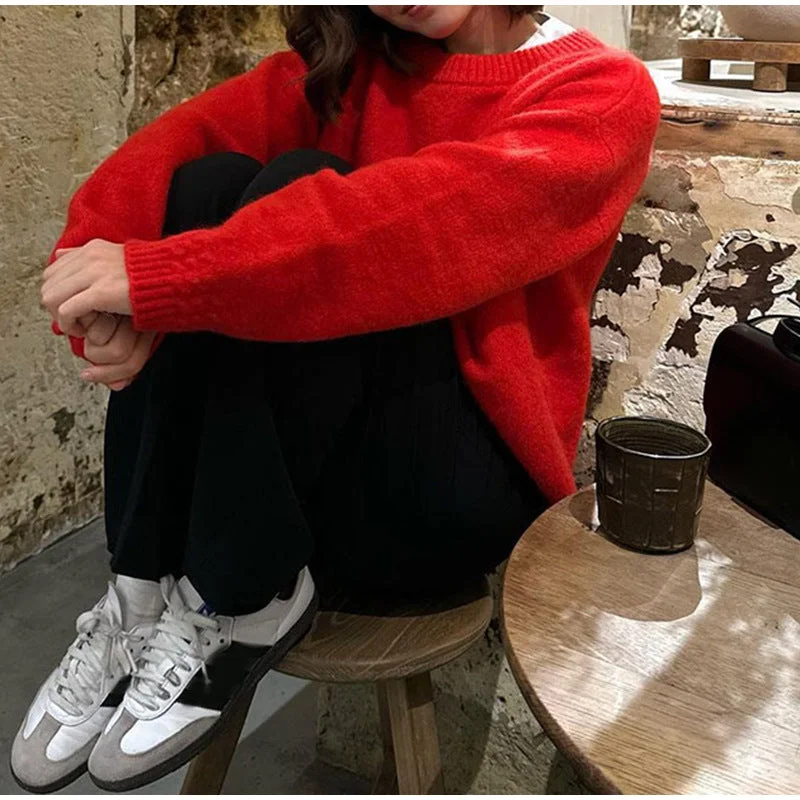 Wjczt Winter Fashion Color Trends for 2024 - the red details round Neck Long Sleeve Sweater 2024 Fashion Women's Autumn Loose Casual Pullover Mesh Blend Leather Blend Suede Blend