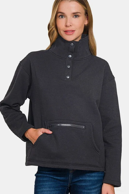 Zenana Turtleneck Half Snap Fleece Sweatshirt In Black Cotton Hoodie Fleece Lining Warmth