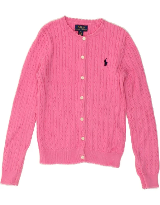 POLO RALPH LAUREN Girls Cardigan Sweater 8-9 Years Medium Pink Cotton Front Pockets Side Pockets Patch Pockets