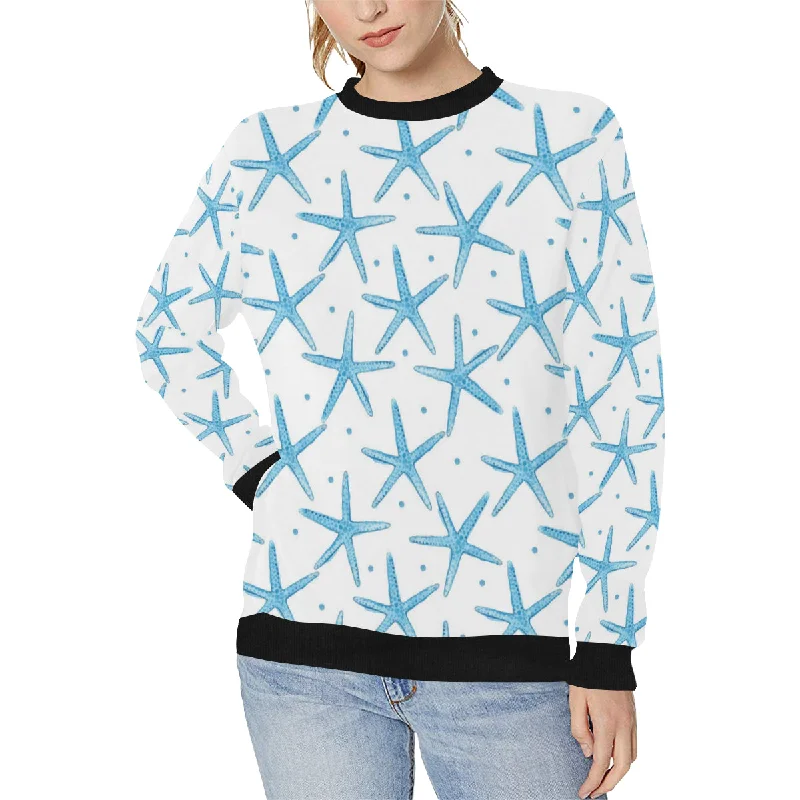 Watercolor starfish pattern Women's Crew Neck Sweatshirt Hoodie with Hem Applique Textured Unique