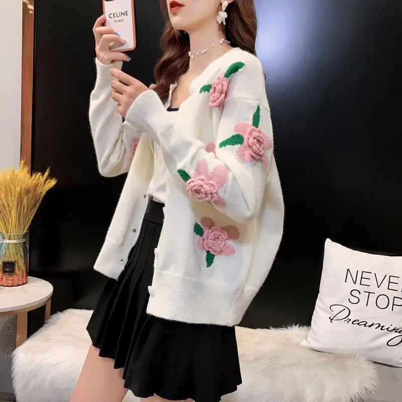 Wjczt Sweater Female Spring and Autumn Knitwear Women Heavy Industry Rose Blossom Embroidery Contrast Sweater Coat Cardigan Polka Dot Checkered Tartan