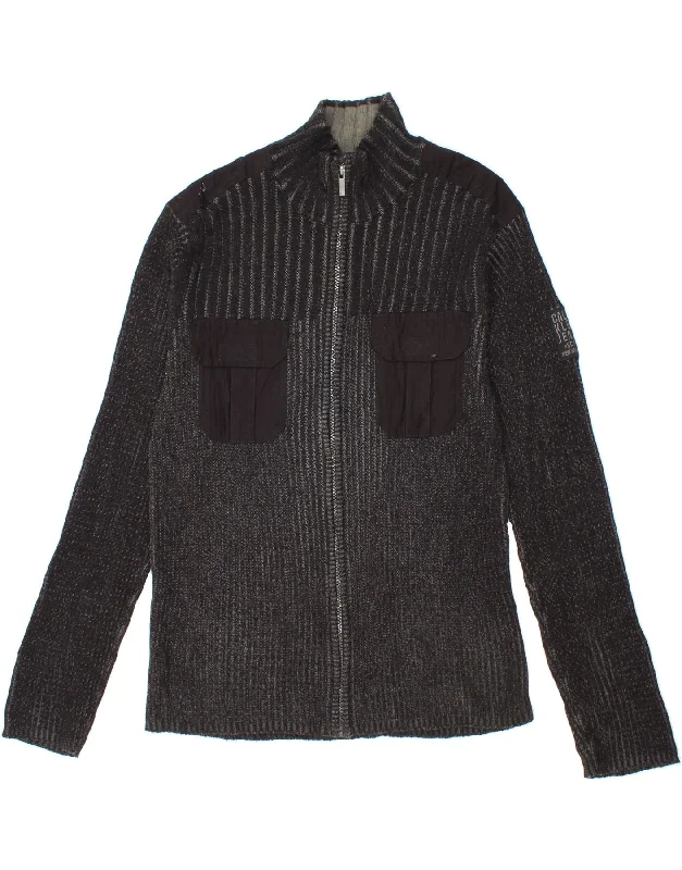 CALVIN KLEIN JEANS Mens Cardigan Sweater Large Black Striped Cotton Glossy Satin Silk