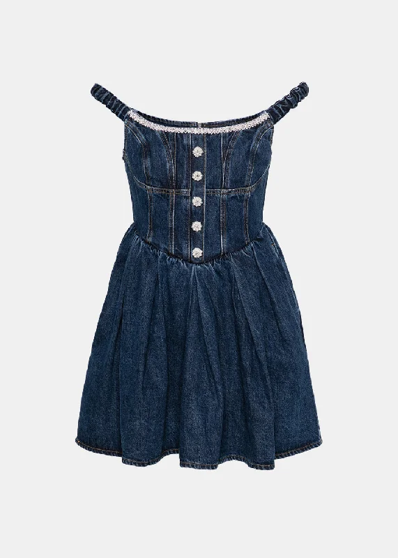 Blue Denim Off Shoulder Mini Dress Elegant Satin Mini Dress