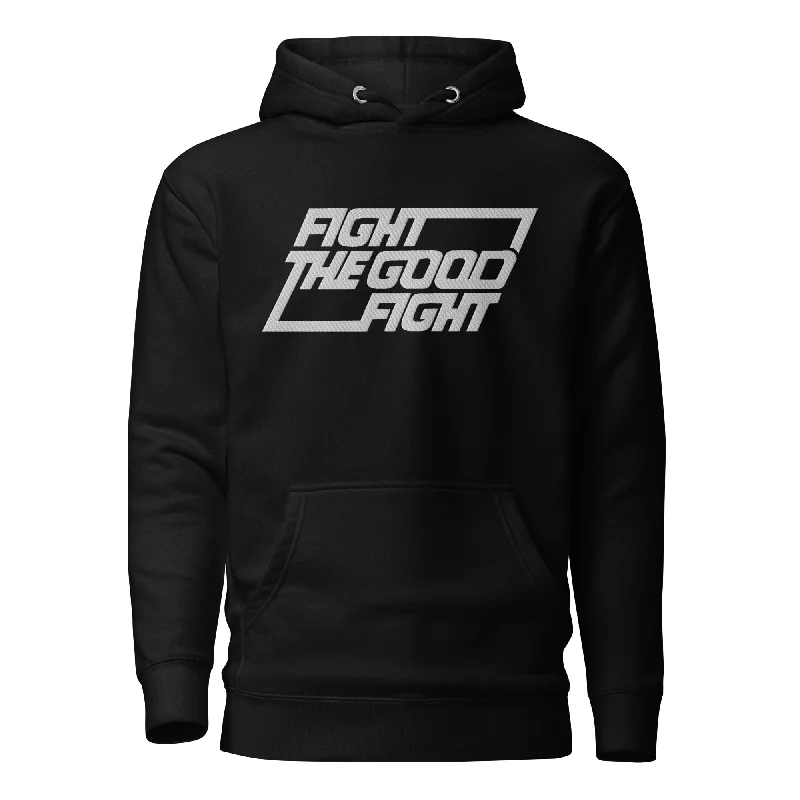 Fight the Good Fight Embroidered Hoodie Hoodie with Button Placket Classic Preppy