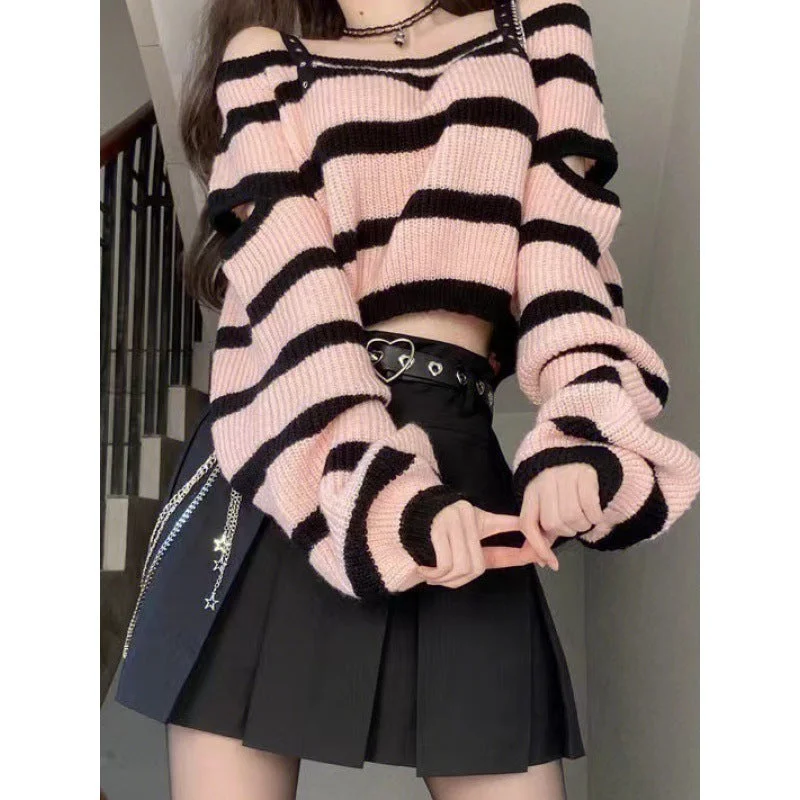 striped sweater + pleated skirt set (belt for free)