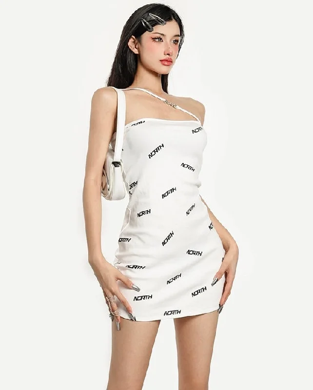 North Letter Print White Mini Dress Stylish Sweetheart Mini Dress