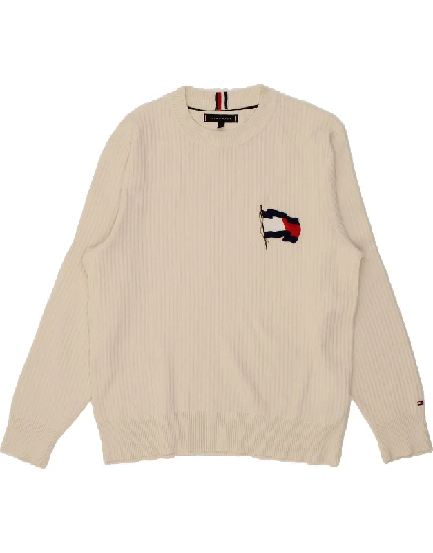 TOMMY HILFIGER Mens Graphic Crew Neck Jumper Sweater Small White Sequined Glittery Shiny