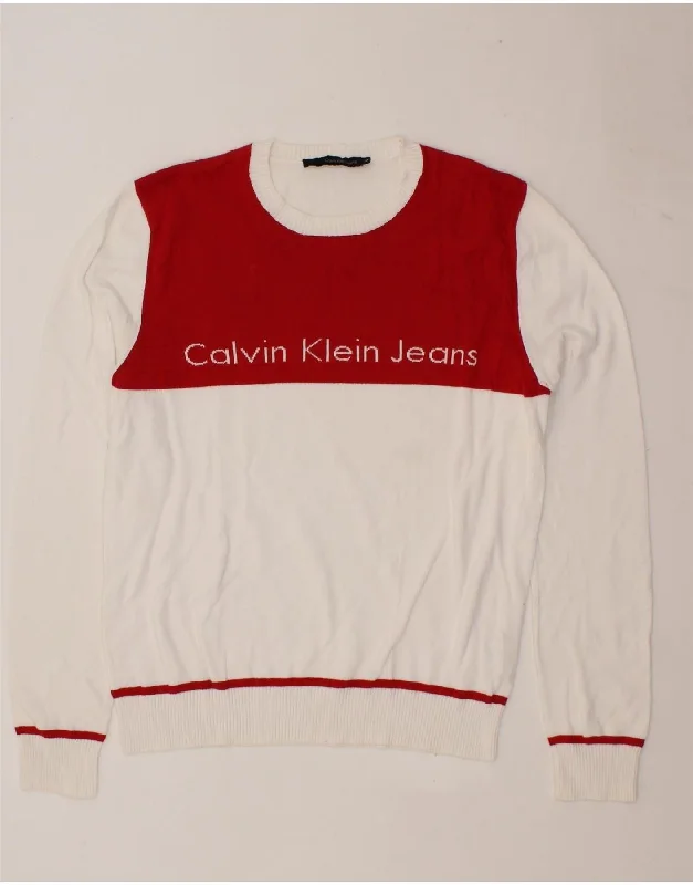 CALVIN KLEIN JEANS Mens Graphic Crew Neck Jumper Sweater Large White Spandex Rayon Corduroy