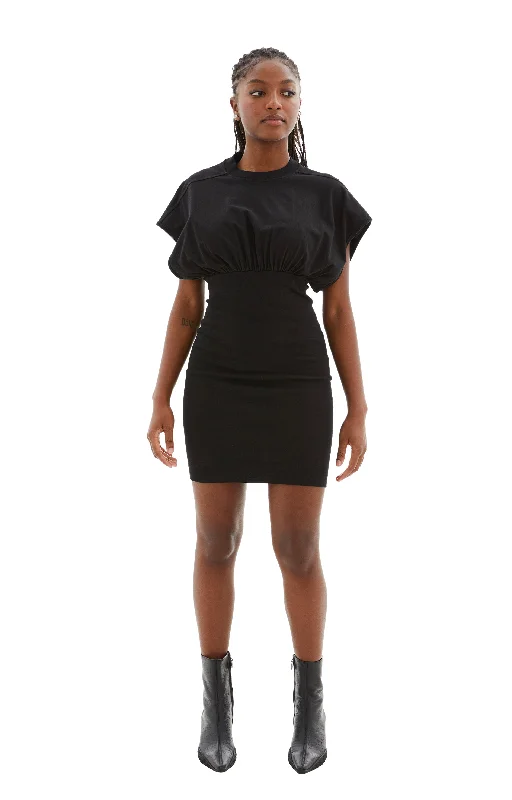 Cinched SL Tommy Mini Dress (Black) Chic Pleated Mini Dress