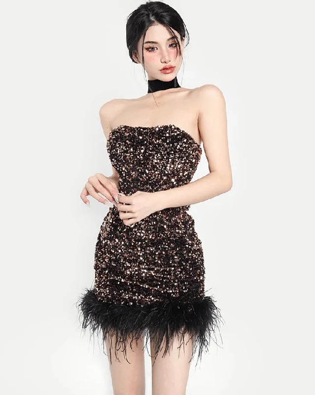 Dana Sequinned Sleeveless Slim Fluff Mini Dress Elegant Sequin Mini Dress