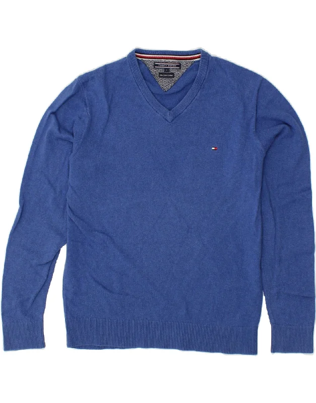 TOMMY HILFIGER Mens V-Neck Jumper Sweater Large Blue Cotton Jersey Fabric Tulle Fabric Batik Fabric