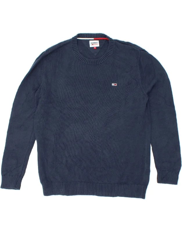 TOMMY HILFIGER Mens Crew Neck Jumper Sweater XL Navy Blue Cotton Denim Fabric Leather Fabric Suede Fabric