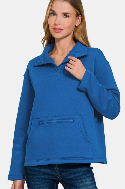 Zenana Turtleneck Half Snap Fleece Sweatshirt In Blue Hoodie with Exposed Zipper Edgy Industrial