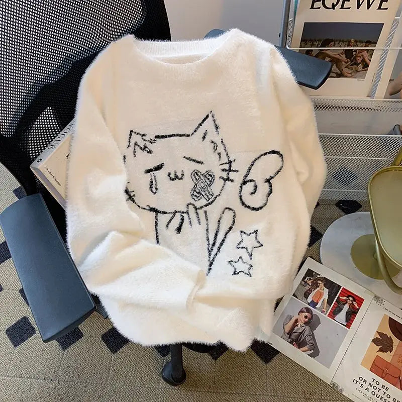 Wjczt White Pullovers Cartoon Cat Print Jacquard Weave Knitted Sweater Korean Winter Women Designer Loose Cute Knitwear Jumpers Teens Knit Fabric Woven Fabric Fleece Fabric