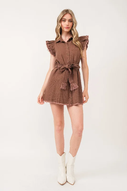 BROWN COLLARED BUTTON DOWN SELF-TIE BELT MINI DRESS IBD9654-1 Elegant Satin Lace Mini Dress