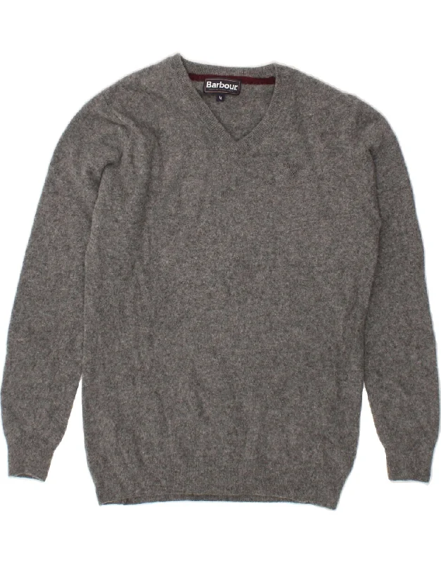 BARBOUR Mens V-Neck Jumper Sweater Medium Grey Lambswool Chenille Blend Fleece Blend Nylon Blend